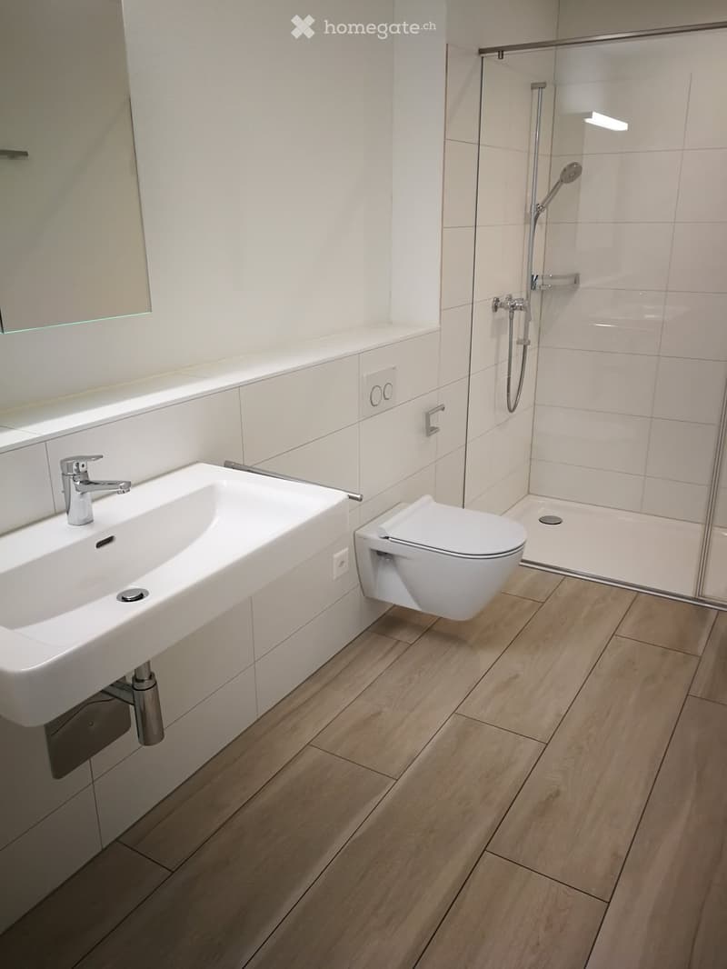 Modern bathroom with white tiled walls, wooden flooring, a wall-mounted sink with a chrome faucet, a toilet, and a glass-enclosed shower with a handheld showerhead.