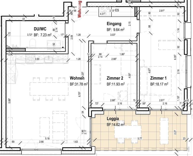 Floor plan showing a residential layout with a living area, two bedrooms, a bathroom, an entrance, and a loggia.