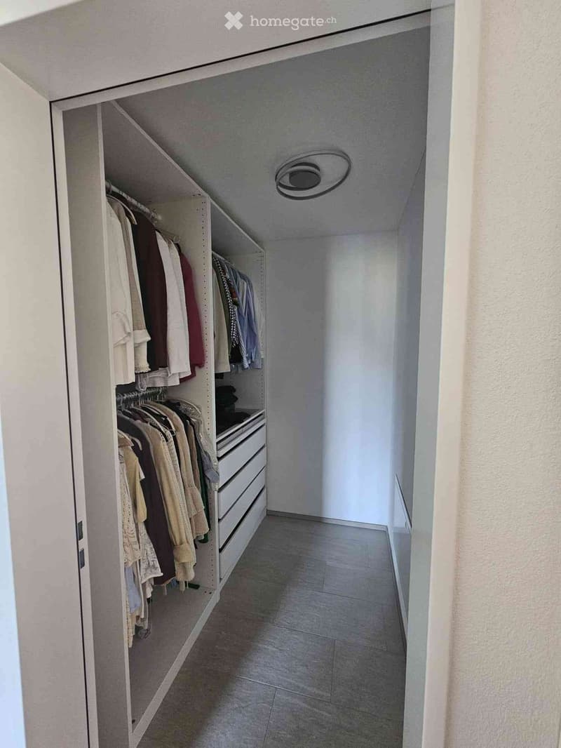 A narrow, well-lit hallway with a built-in closet on one side, featuring clothes hanging on racks and drawers below. The ceiling has a circular light fixture.