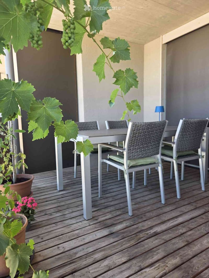 Balcony with wooden decking, metal table, wicker chairs, grapevine plant, and potted flowers.