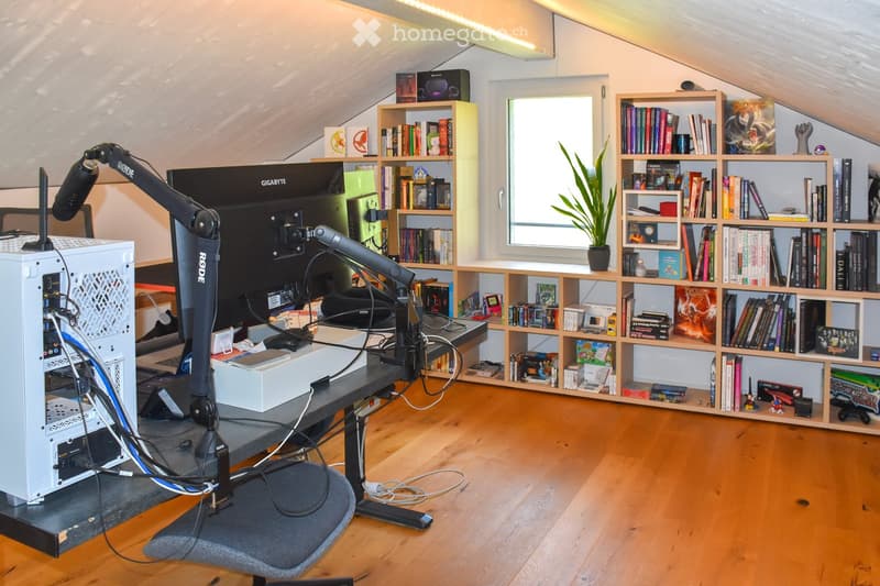 A well-lit room with wooden flooring, a desk setup including a computer, screen, and microphone, a bookshelf filled with books and decorative items, and a potted plant near the window.