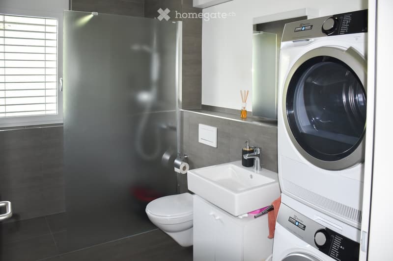 Modern bathroom with a white sink, toilet, washing machine, and a glass-enclosed shower stall. The room features dark grey tiles and a sleek design.
