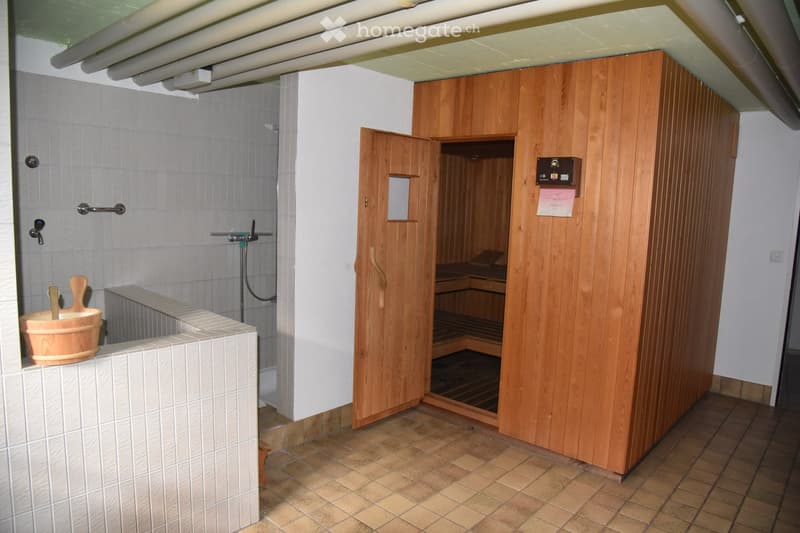 Bathroom with a wooden sauna, a wooden bucket on a tiled bench, and a shower stall with a handrail.