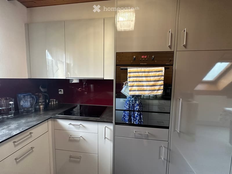 Modern kitchen with white cabinets, stainless steel appliances, and a dark countertop. A striped oven mitt hangs on the oven door.