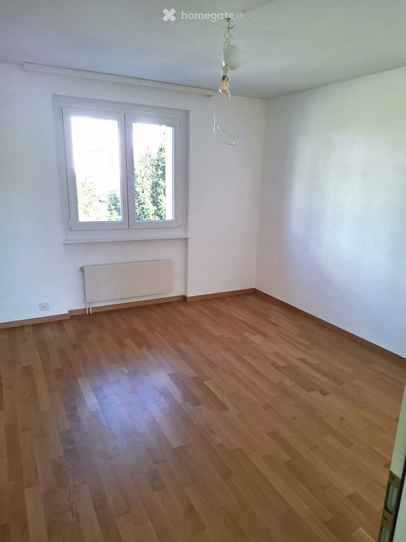 Empty room with wooden flooring, white walls, a radiator, and a large window with white frame. A single light fixture hangs from the ceiling.