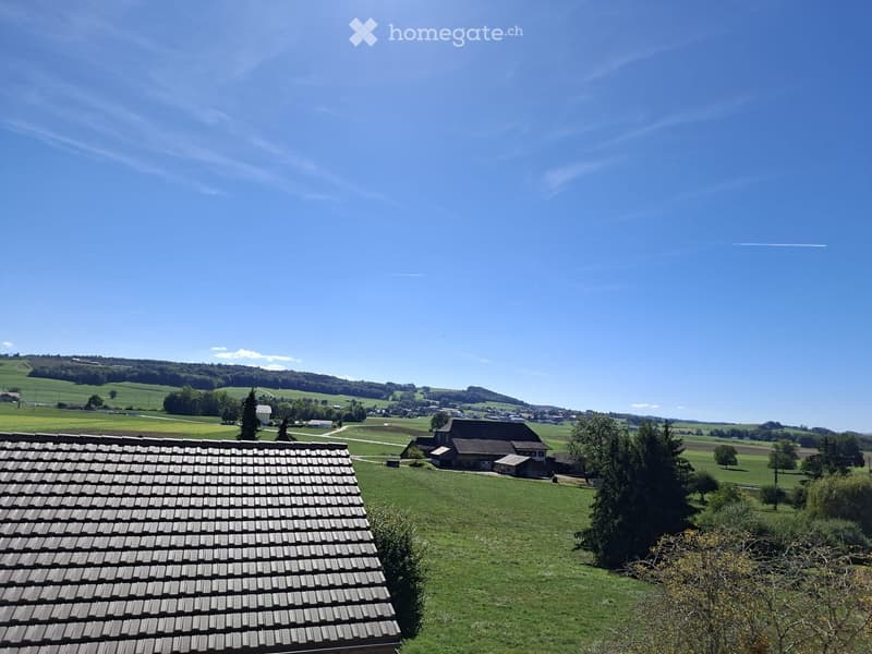 A panoramic view of a rural landscape with rolling green fields, scattered trees, and a few houses in the distance under a clear blue sky.
