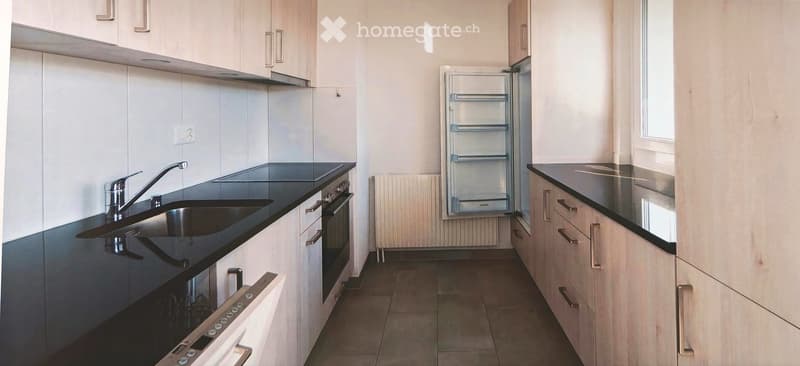 Modern kitchen with white cabinets, black countertops, stainless steel sink, and built-in appliances.