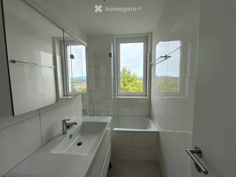 Modern bathroom with a white sink, bathtub, large mirror, and glass-enclosed shower area. Natural light from windows illuminates the space.