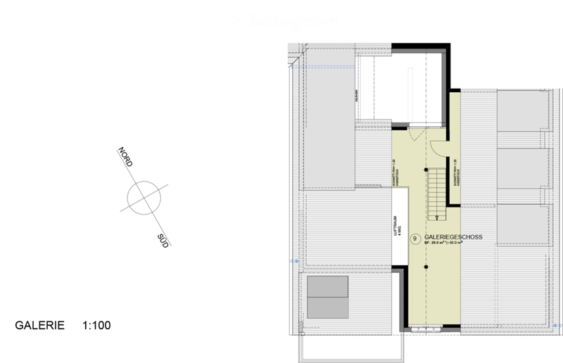 Floor plan of a gallery space with labeled areas including a gallery hall and a side room.