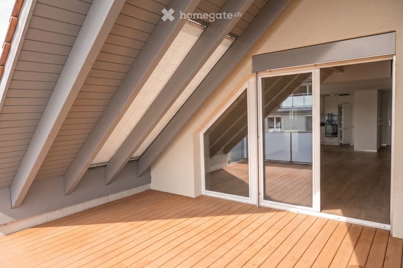 Wooden deck with large glass sliding doors leading to an interior space, featuring a slanted wooden roof with skylights.