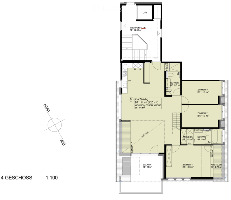 Floor plan of a 4-story apartment building, showing layout with living/dining/kitchen area, three bedrooms, bathrooms, balcony, staircase, and storage area.