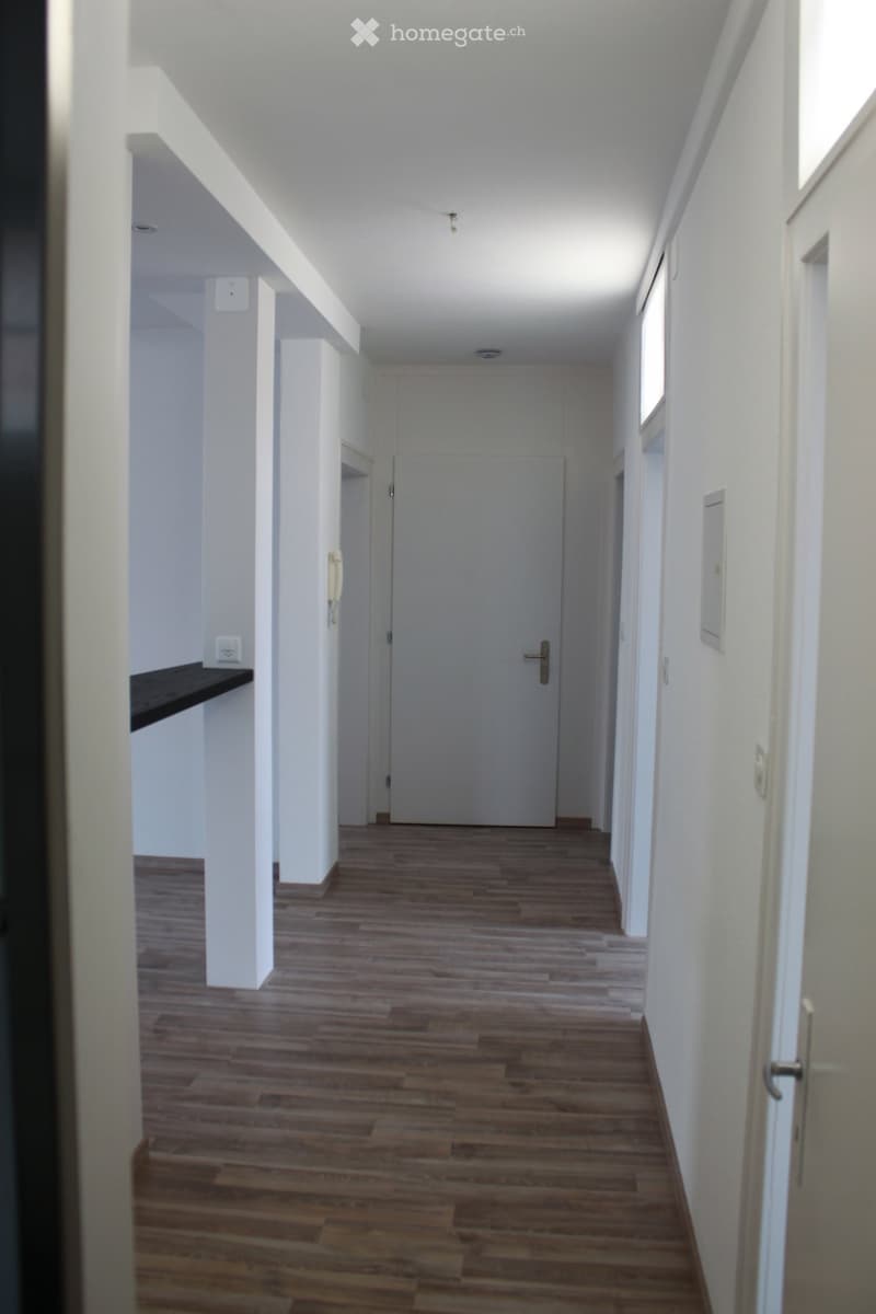 Empty hallway with wooden flooring, white walls, and a closed door at the end.