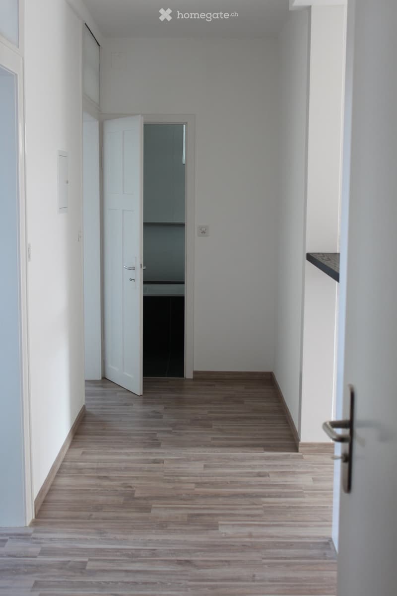 Empty hallway with light wooden flooring, white walls, and a partially open door leading to another room.