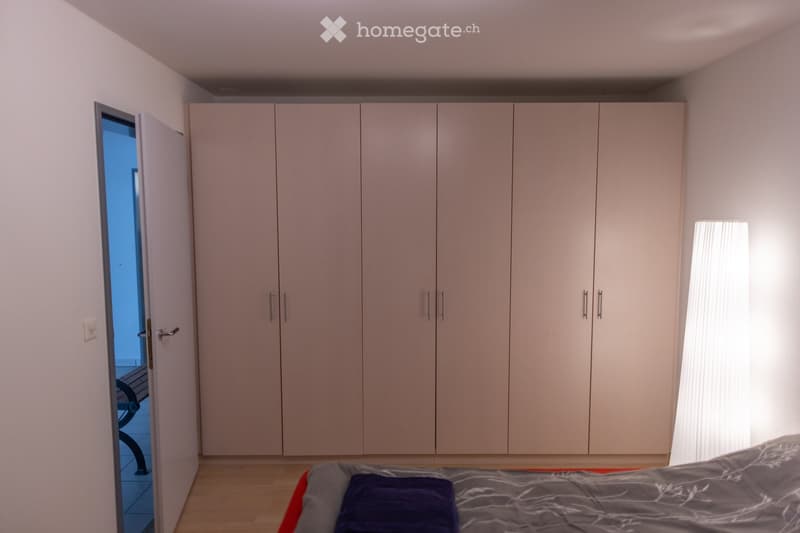 Bedroom with a large built-in wardrobe, a neatly made bed with pillows, and a wooden floor. An open door leads to another room.