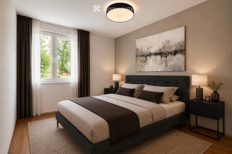 Modern bedroom with a large bed, nightstands, lamps, and a large abstract painting on the wall. The room features wooden flooring and large windows with curtains.