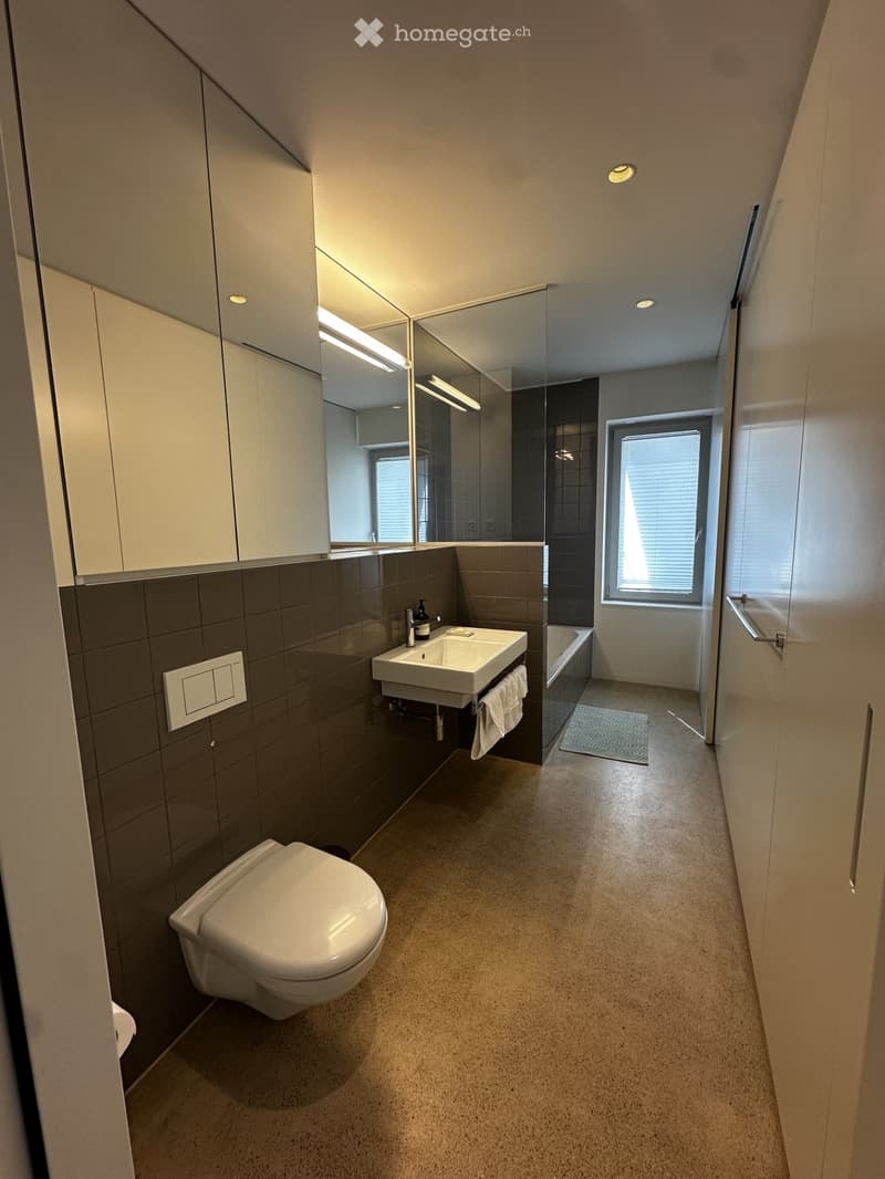 Modern bathroom with a toilet, sink, bathtub, and large mirror. Features dark tiled walls, light-colored floor, and built-in cabinets.
