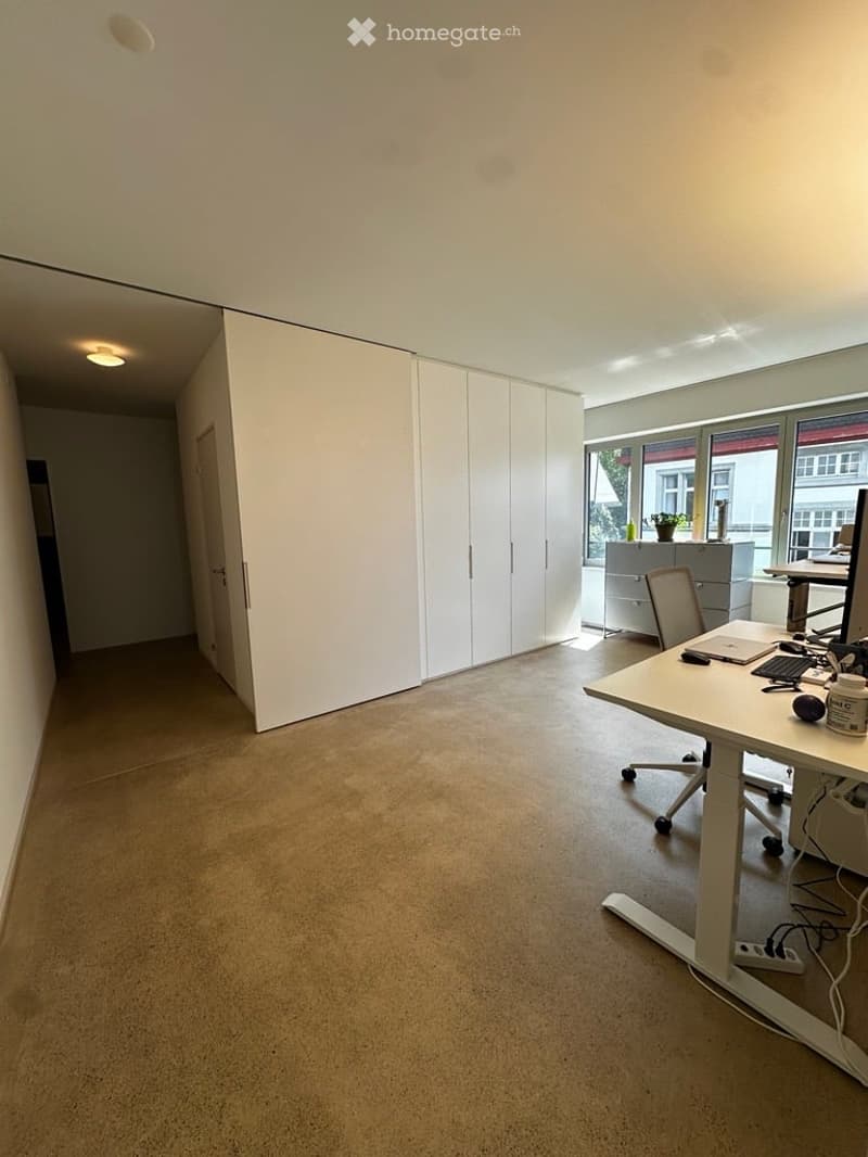Modern office space with a large desk, ergonomic chair, laptop, keyboard, mouse, and a small plant on a cabinet. The room features white walls, carpeted flooring, and large windows allowing natural light.