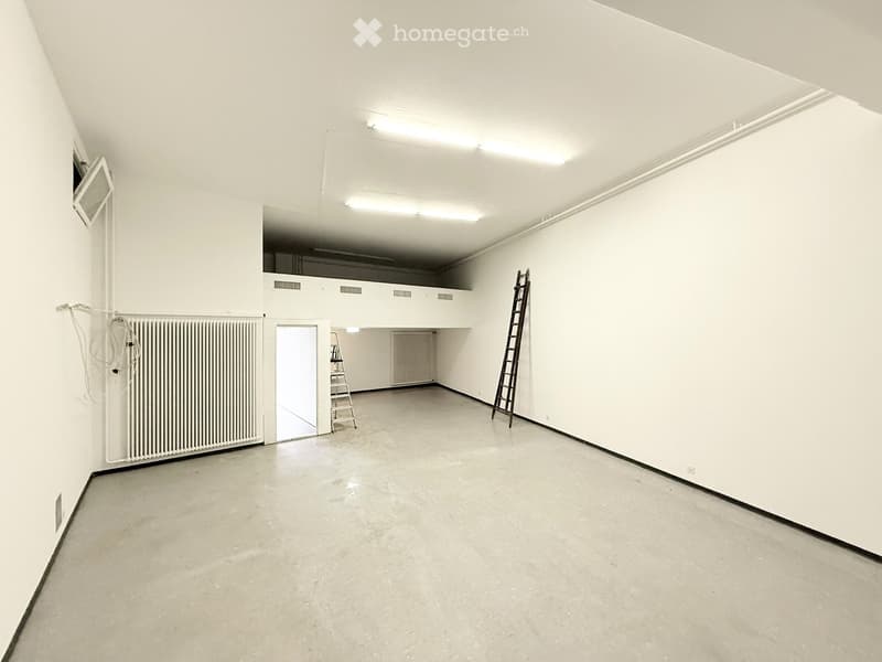 Empty room with white walls, concrete floor, and fluorescent lighting. Features a radiator, a door leading to another space, and a ladder leaning against the wall.