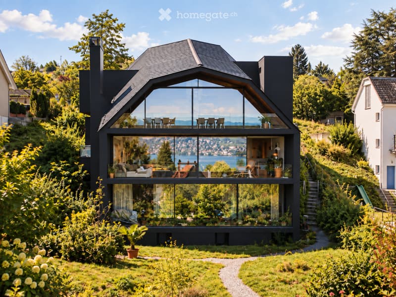 Modern two-story house with black exterior, large glass windows, and a scenic lakeside view. Features include a raised ground floor, outdoor seating areas, and lush greenery surrounding the property.