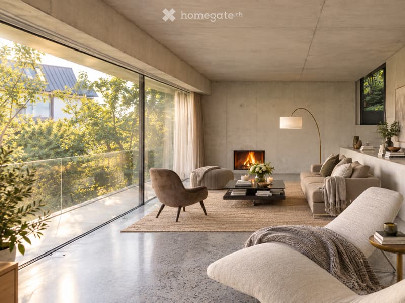 Modern living room with large windows offering a view of greenery, a fireplace, a sofa, armchairs, a coffee table, and a floor lamp.