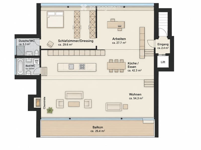 Floor plan of a modern apartment with living, dining, kitchen, bedroom, bathrooms, and balcony.