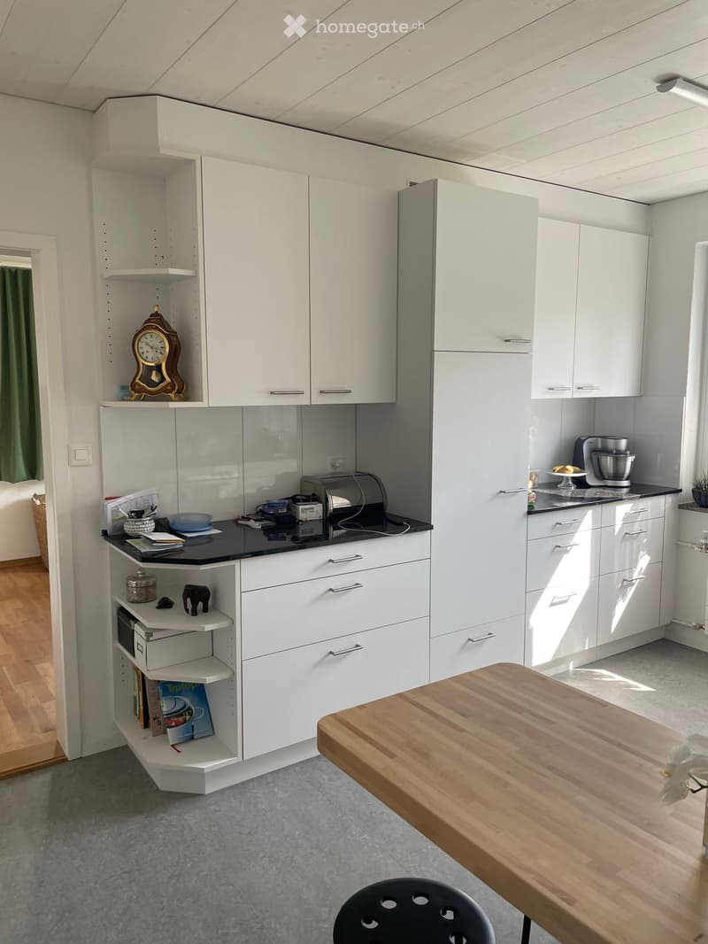 modern white kitchen, black countertops, fully equipped with appliances, open shelves, wooden table, wooden floor