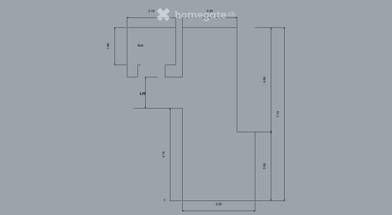 Floor plan showing a layout with a bathroom, living area, and additional spaces with labeled dimensions.