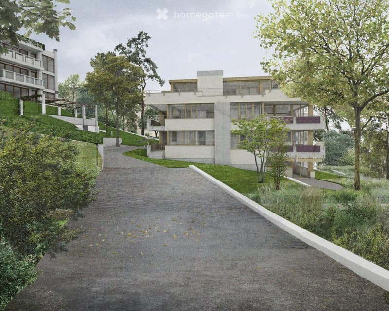 Apartment building, white walls, several balconies, located on a hill
