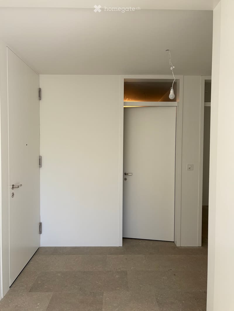 Empty room with white walls, concrete floor, and two white doors. One door leads to a closet with a light fixture visible inside.