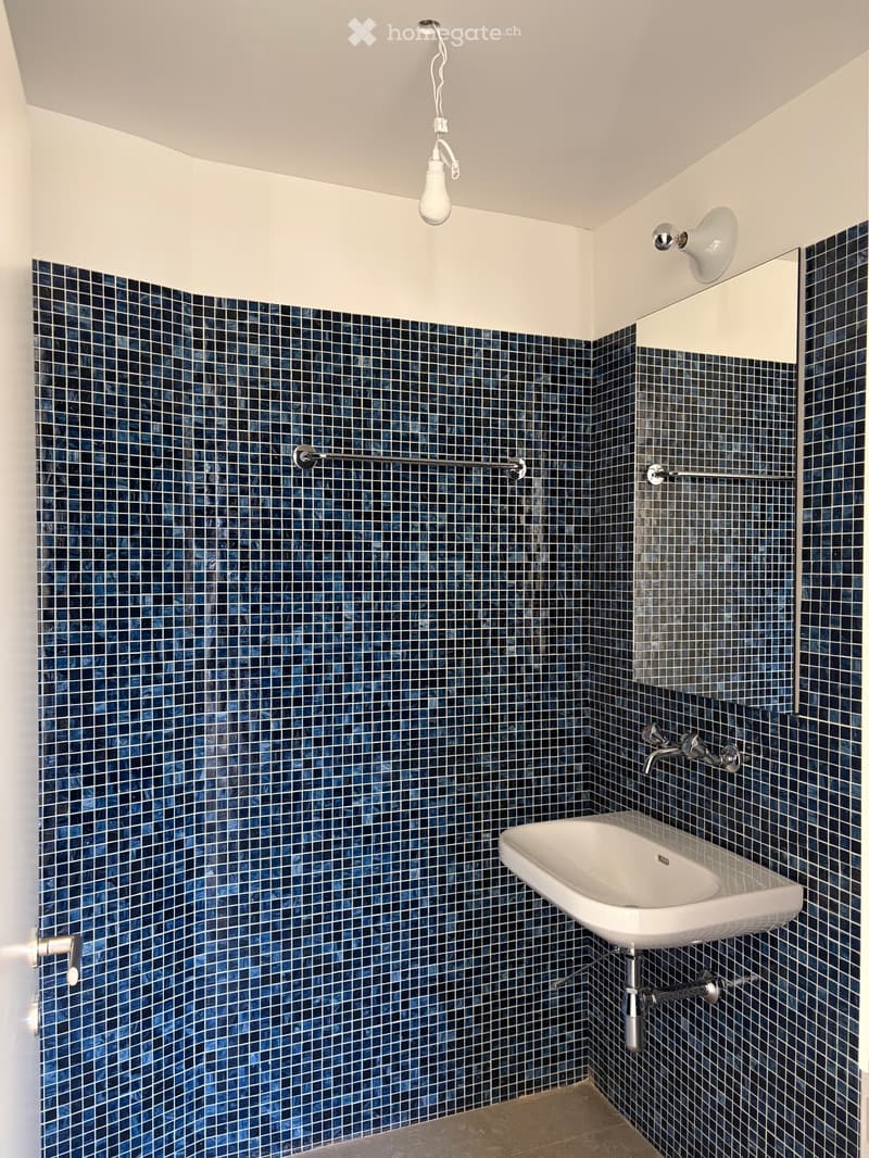 Modern bathroom with dark blue mosaic tiles, white sink, and sleek fixtures.