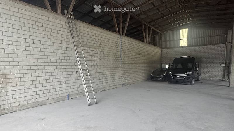 Empty garage with concrete floor, brick walls, metal roof, ladder, and two parked vehicles.