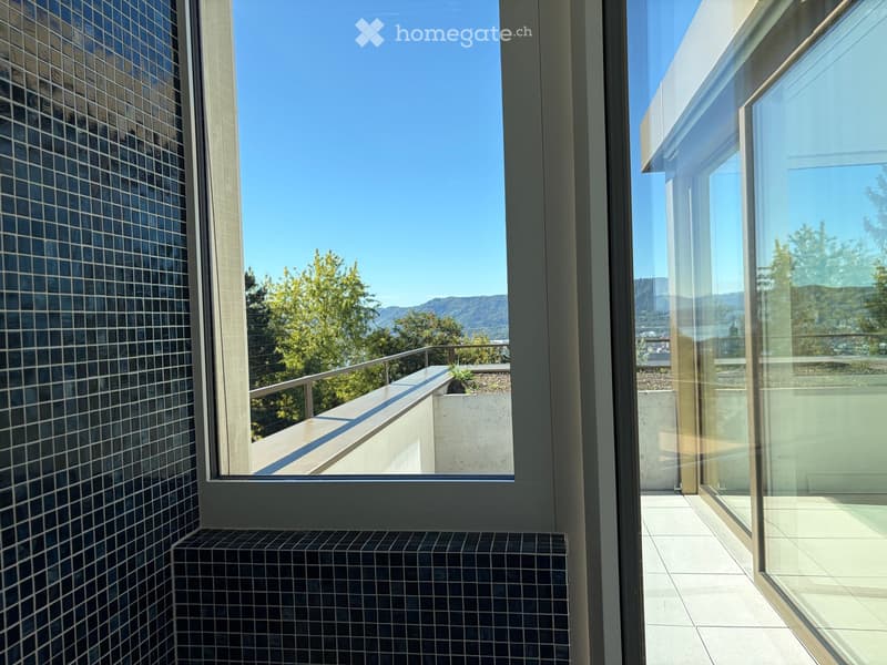 Modern balcony with large glass windows, tiled walls, and a view of trees and mountains.