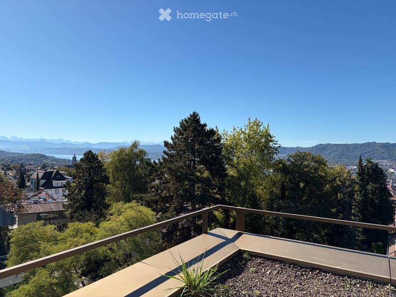 Balcony with a panoramic view of a cityscape, trees, and distant mountains under a clear blue sky.