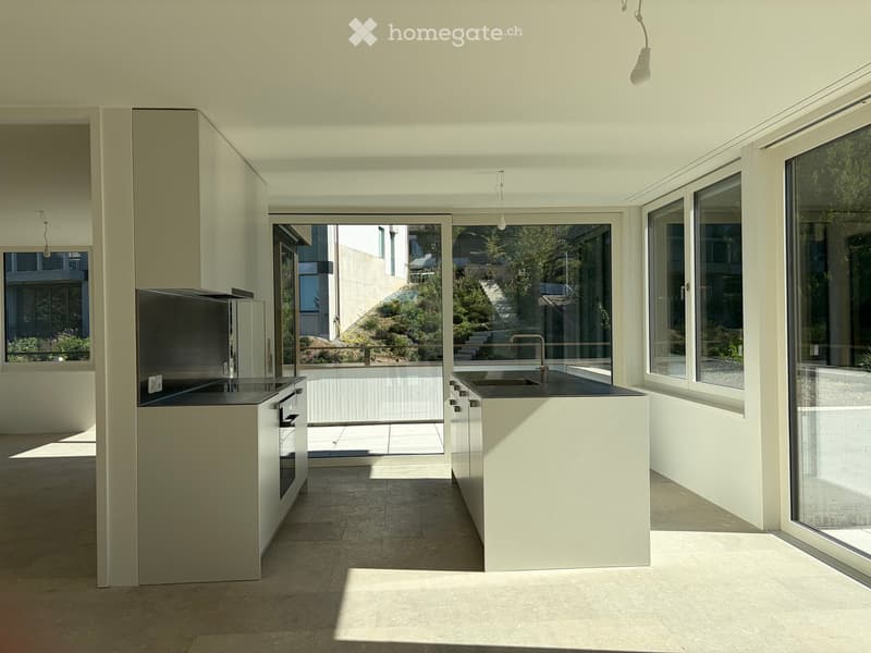 Modern kitchen with white cabinets, black countertops, and large windows overlooking a garden area.