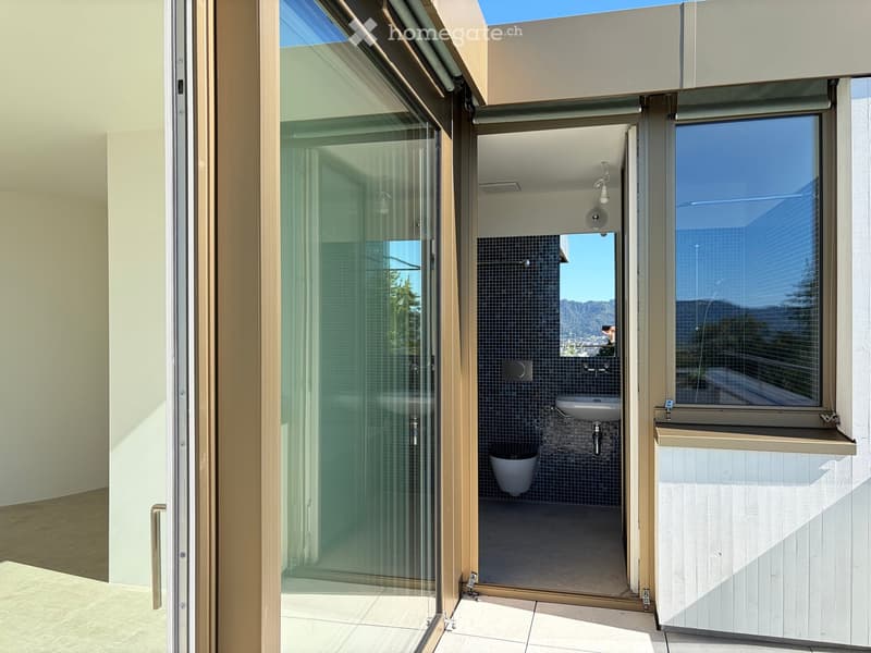 Modern bathroom with dark tiled walls, a white sink, and a toilet, featuring large glass doors that open to a balcony with a scenic mountain view.