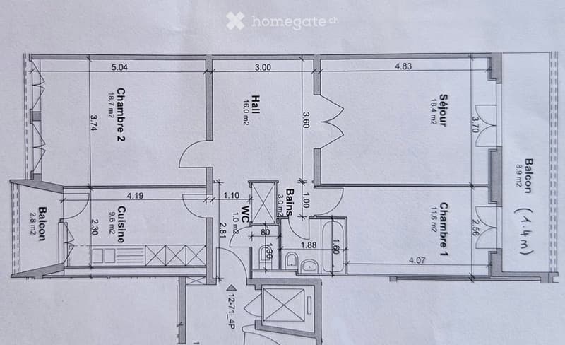 Floor plan of a 4-room apartment with a balcony, including two bedrooms, a living room, a kitchen, and a bathroom.