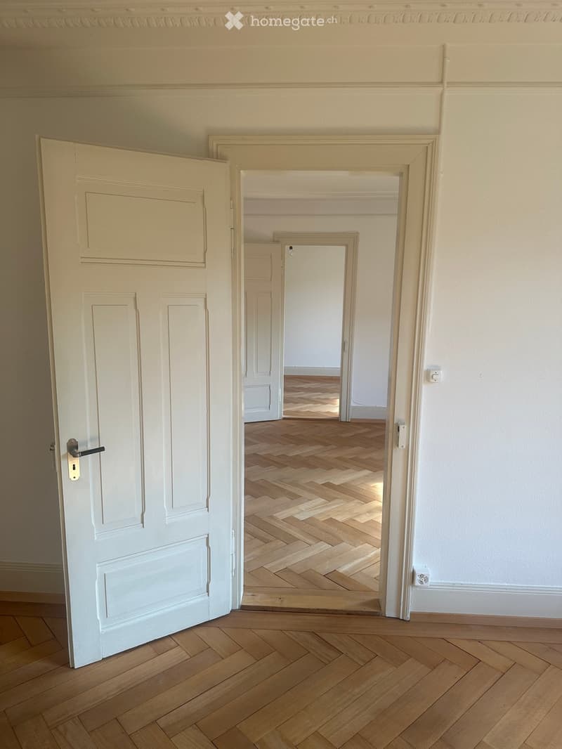 Empty hallway with wooden herringbone flooring, white walls, and multiple doors leading to other rooms.