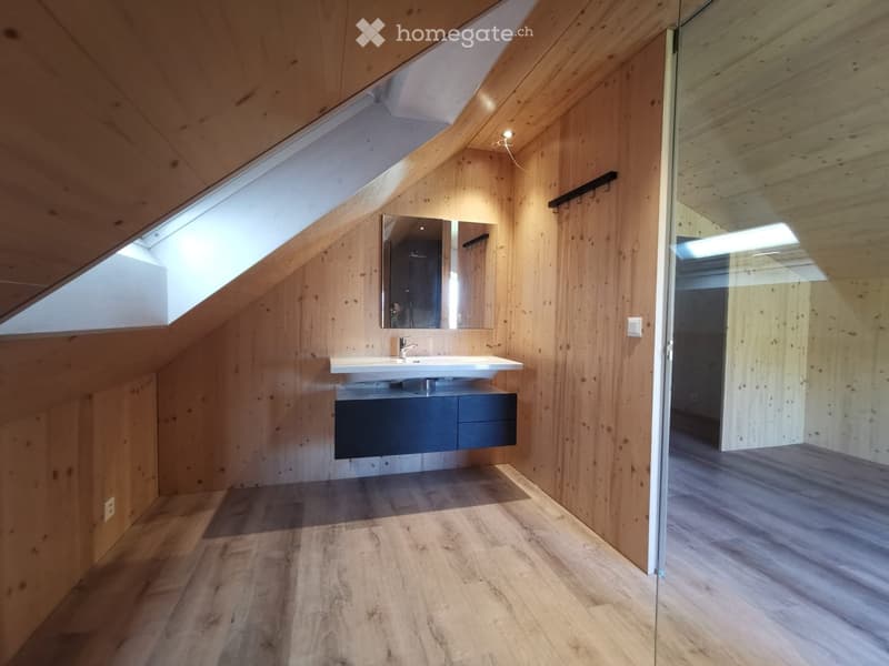 Modern bathroom with wooden walls and floor, a white sink with a dark cabinet, and a large mirror above it. The room features a skylight and a glass partition leading to another space.