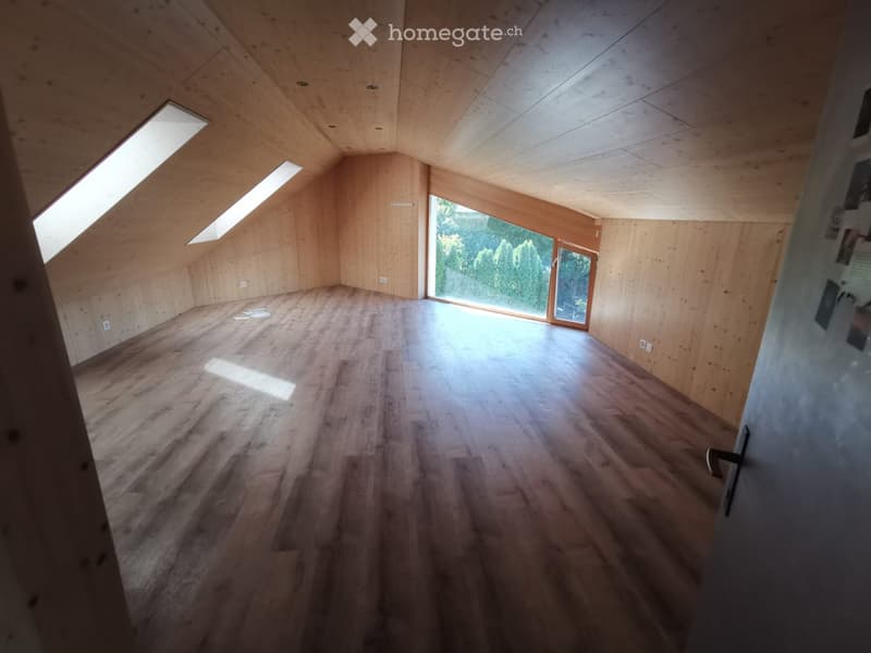 Empty attic space with wooden walls and floor, skylights, and large windows letting in natural light.