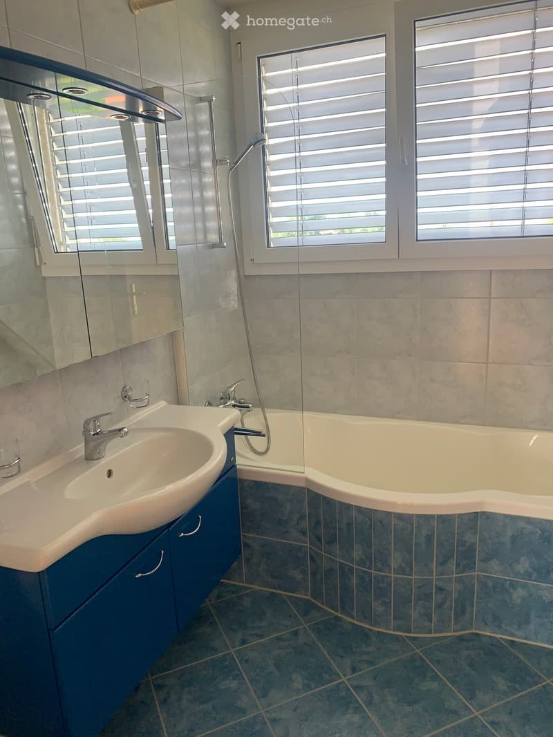 Modern bathroom with a white sink, faucet, bathtub, and mirror. Blue tiles on the lower half of the walls and floor.
