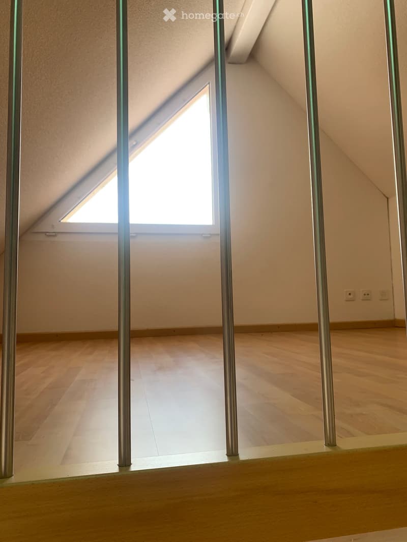 Empty attic room with wooden flooring, slanted ceiling, and a skylight window allowing natural light to enter.