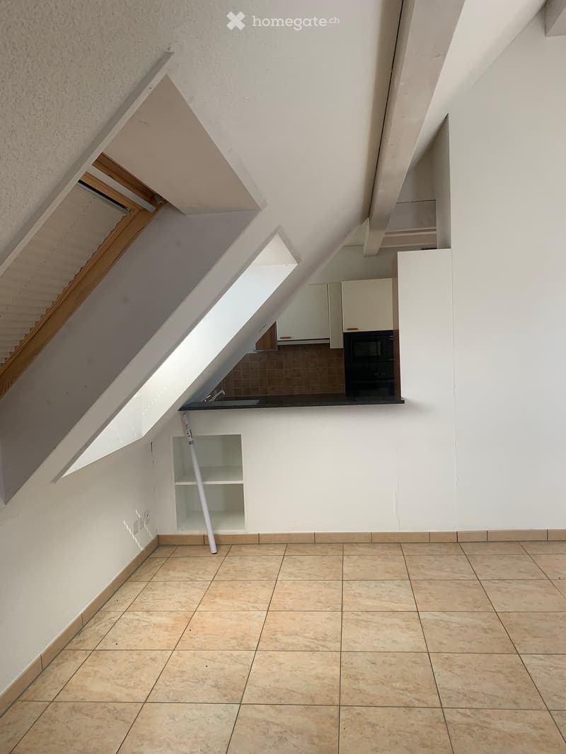 Empty attic space with slanted ceilings, tiled floor, and built-in cabinets. Natural light from skylights.
