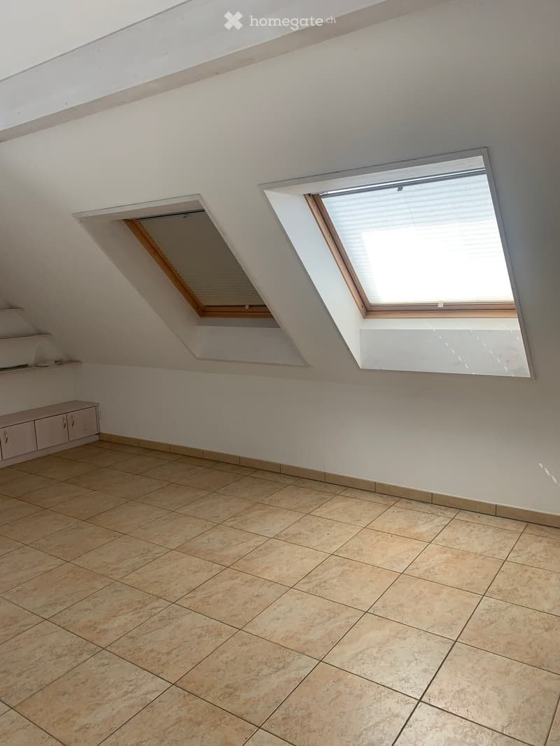 Empty attic room with tiled floor, white walls, and two skylights with blinds. A small cabinet is visible on the left side.