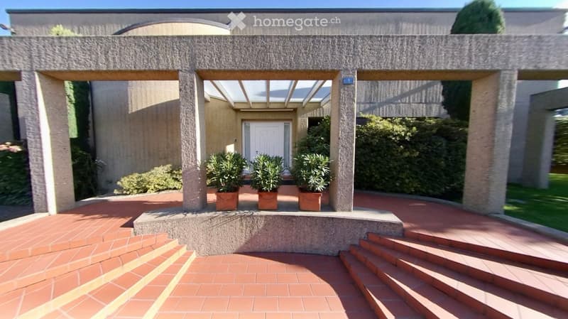 A covered outdoor area with a brick floor, potted plants, and steps leading to a building entrance.