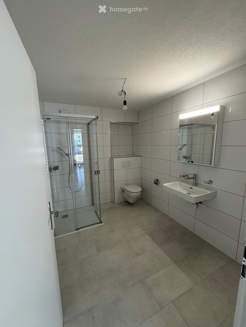 Modern bathroom with tiled walls and floor, featuring a toilet, sink, mirror, and glass-enclosed shower area.