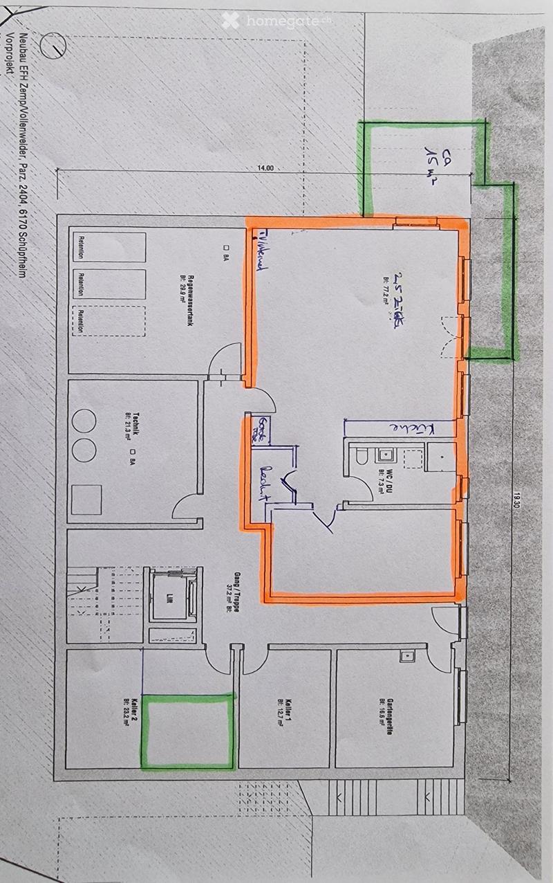 Floor plan showing a layout with multiple rooms including a living area, kitchen, bedrooms, bathrooms, and storage spaces.