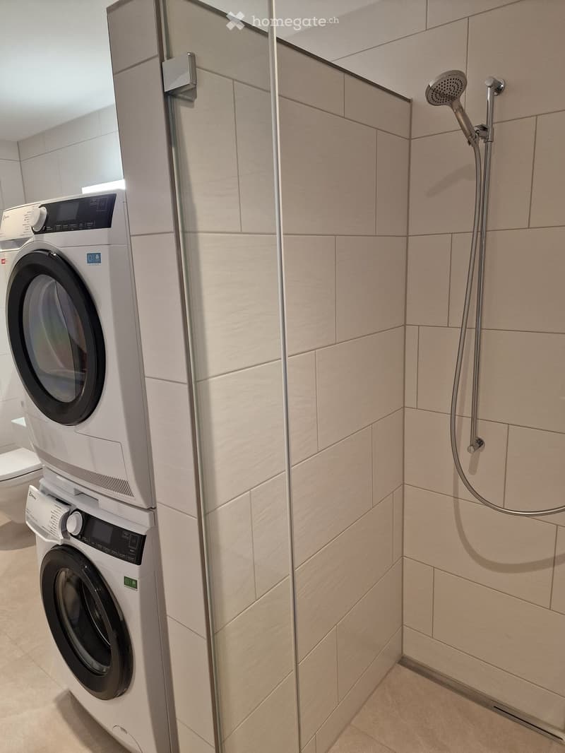 Modern bathroom with a shower, washing machine, and toilet. Light beige tiles and a sleek design.