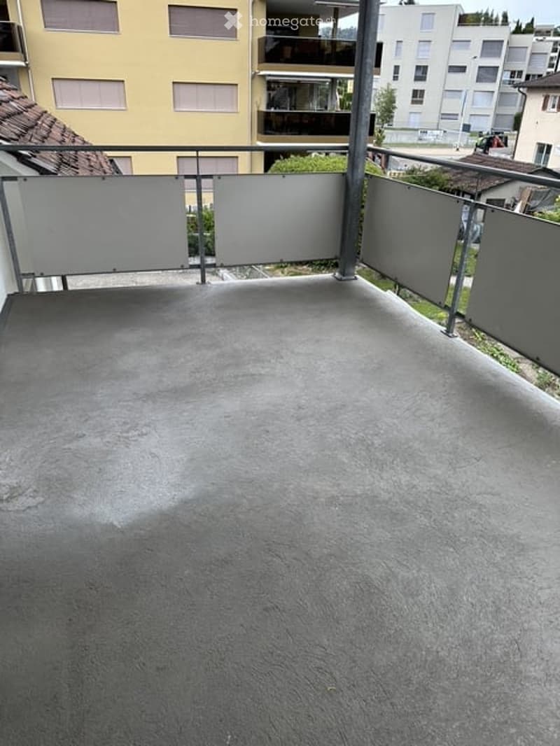 Empty balcony with grey concrete floor, metal railing, and grey privacy screens. Background shows neighboring buildings and greenery.