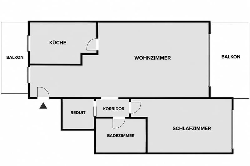 Floor plan showing a kitchen, living room, bedroom, bathroom, hallway, and two balconies.