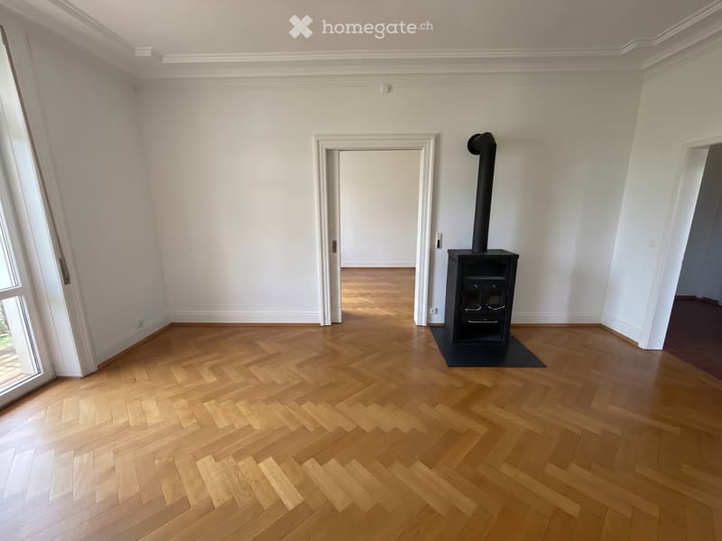 Empty room with light wooden herringbone flooring, white walls, and a black wood-burning stove with a chimney. The room has large windows and doors leading to other spaces.